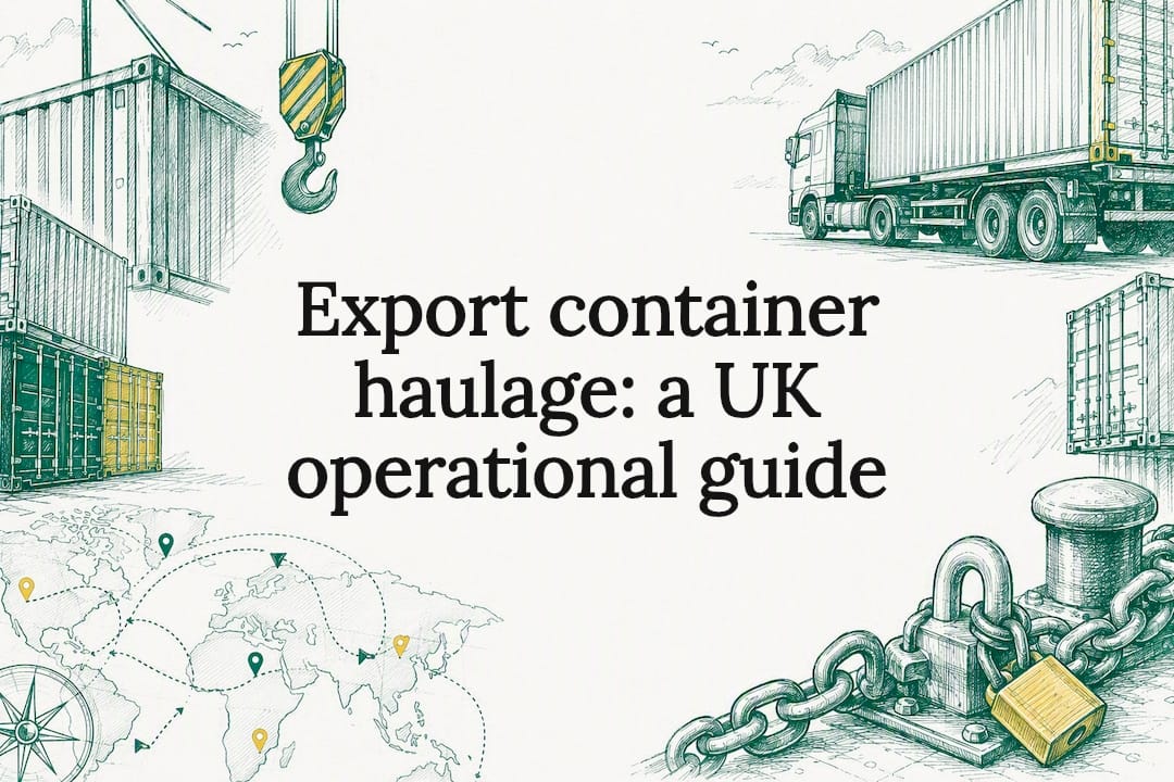 Decorative title card with container haulage illustrations