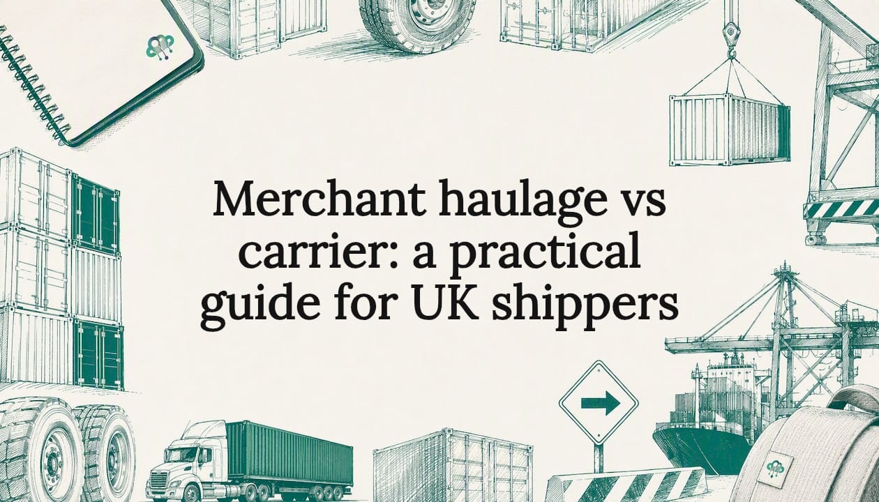 Decorative title card illustration with shipping and haulier sketches